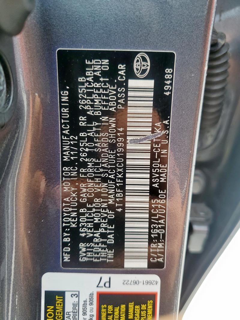 4T1BF1FKXCU199914 - 2012 TOYOTA CAMRY BASE 灰色 照片 12