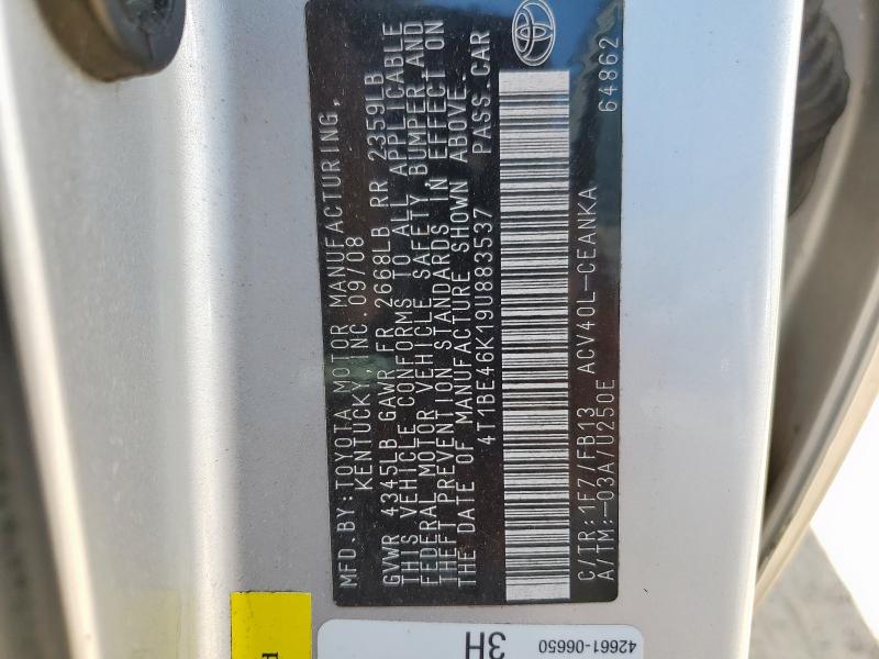 4T1BE46K19U883537 - 2009 TOYOTA CAMRY BASE 银色 照片 12