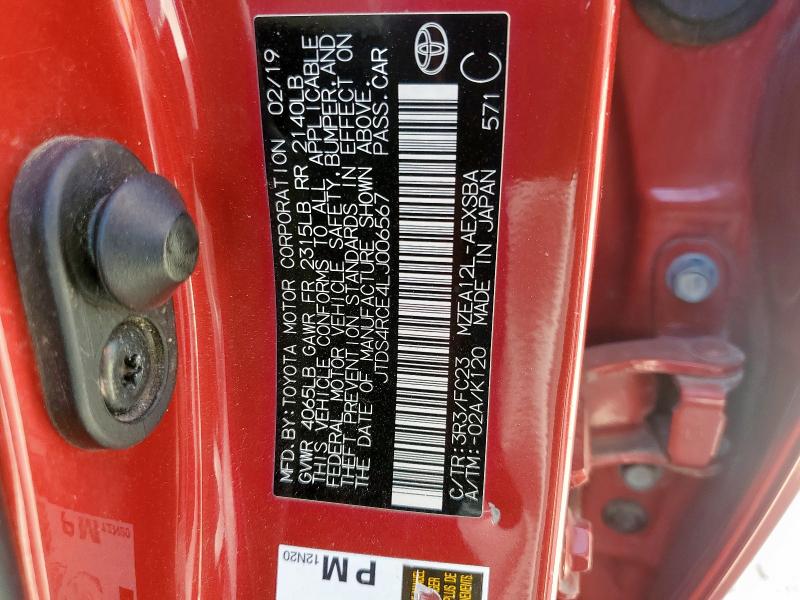 JTDS4RCE4LJ006567 - 2020 TOYOTA COROLLA SE 红色 照片 13