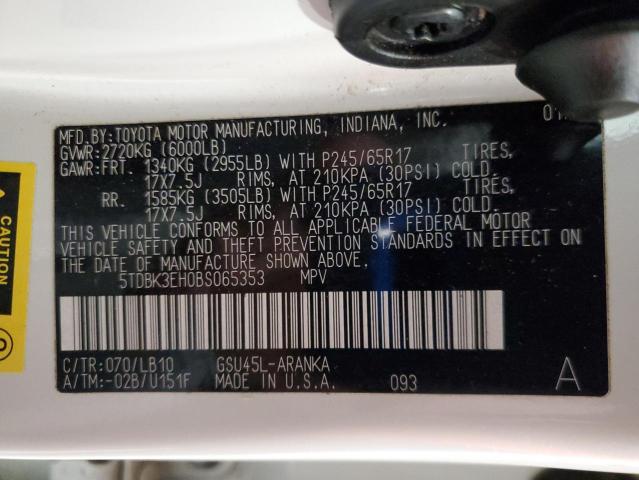 5TDBK3EH0BS065353 - 2011 TOYOTA HIGHLANDER BASE 白色 照片 14