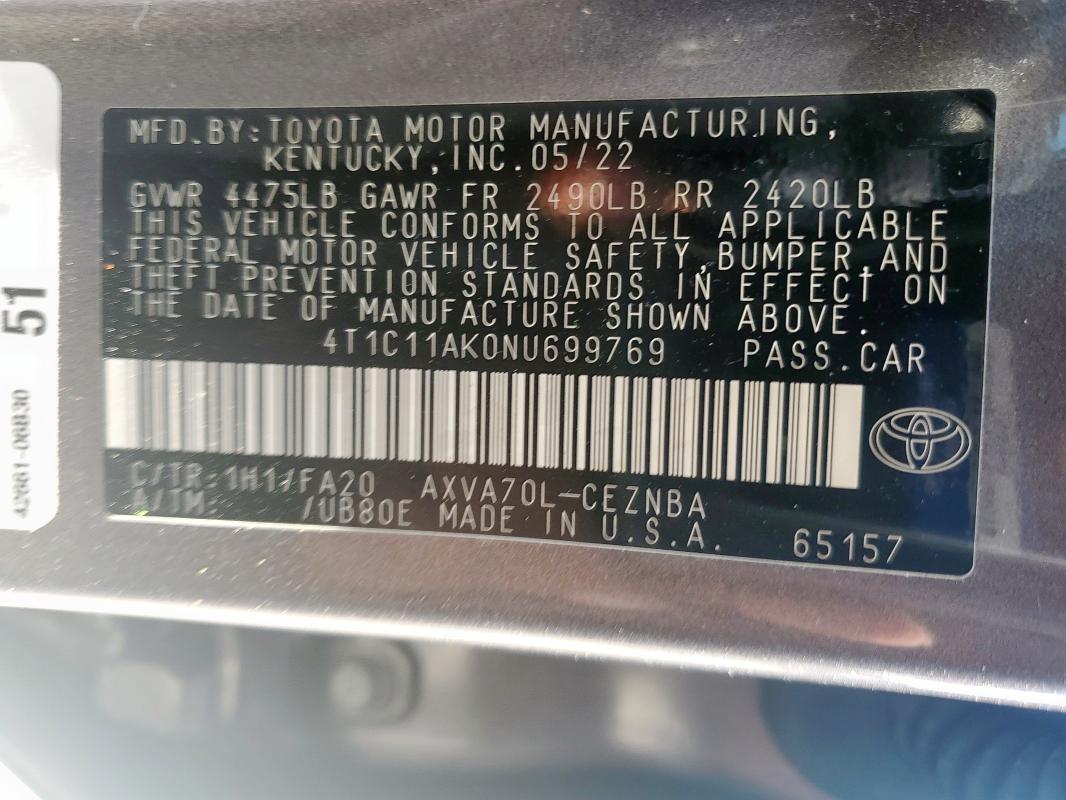 4T1C11AK0NU699769 - 2022 TOYOTA CAMRY LE GRAY photo 13