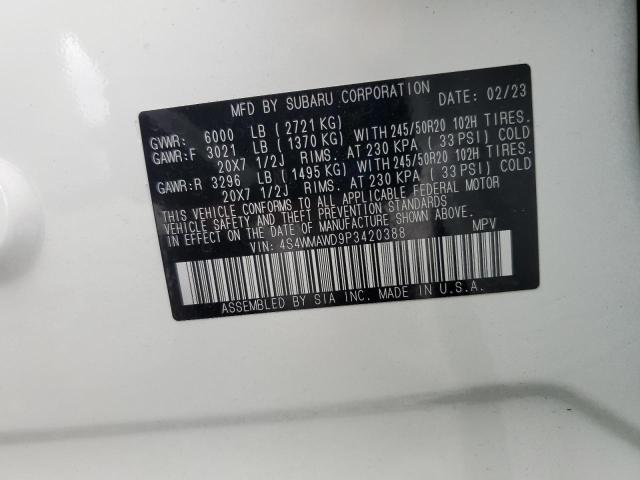 4S4WMAWD9P3420388 - 2023 SUBARU ASCENT TOURING WHITE photo 19