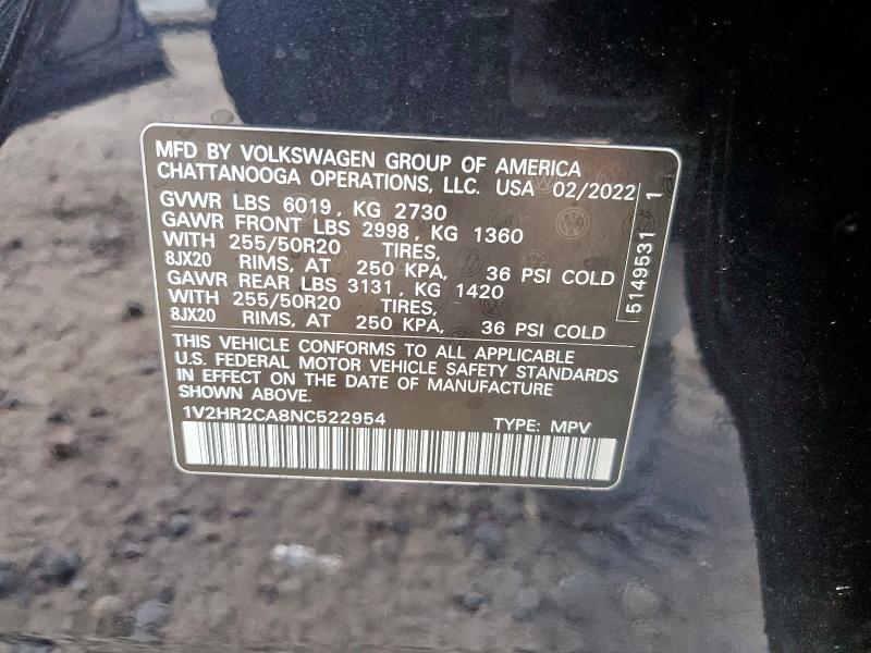 1V2HR2CA8NC522954 - 2022 VOLKSWAGEN ATLAS SE შავი ფოტო 14