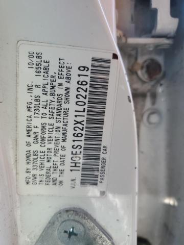 1HGES162X1L022619 - 2001 HONDA CIVIC DX WHITE photo 12