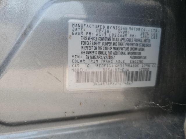 3N1AB7APXJY274867 - 2018 NISSAN SENTRA S Szary zdjęcie 13