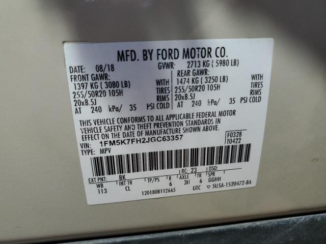 1FM5K7FH2JGC63357 - 2018 FORD EXPLORER LIMITED TAN photo 14