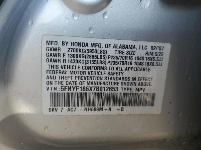 5FNYF186X7B012653 - 2007 HONDA PILOT EXL SILVER photo 13