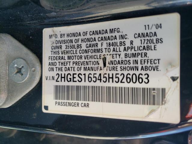2HGES16545H526063 - 2005 HONDA CIVIC LX BLACK photo 12