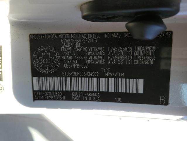 5TDBK3EH0CS134902 - 2012 TOYOTA HIGHLANDER BASE Белый фото 14