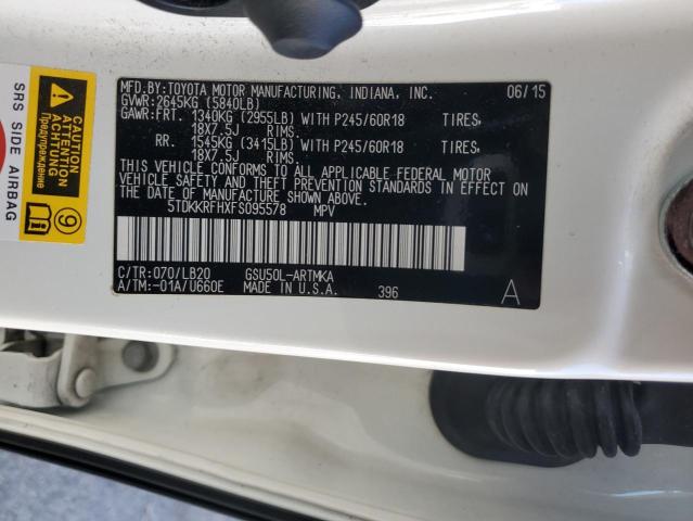 5TDKKRFHXFS095578 - 2015 TOYOTA HIGHLANDER XLE 白色 照片 14