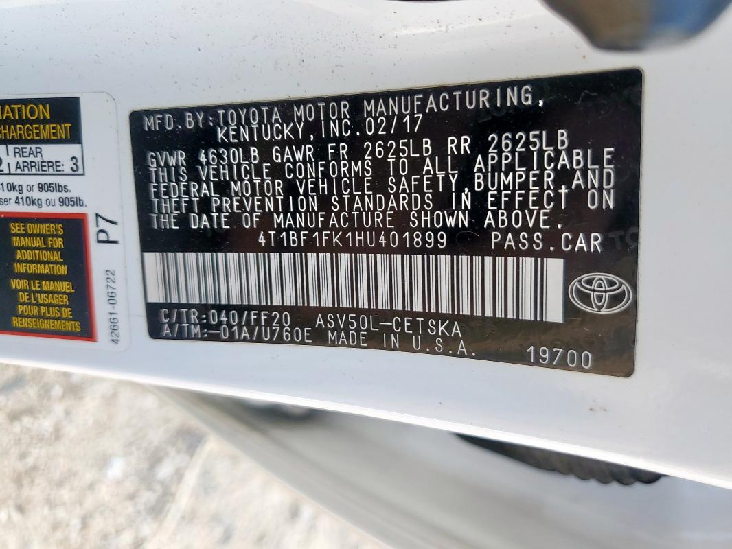 4T1BF1FK1HU401899 - 2017 TOYOTA CAMRY LE WHITE photo 12