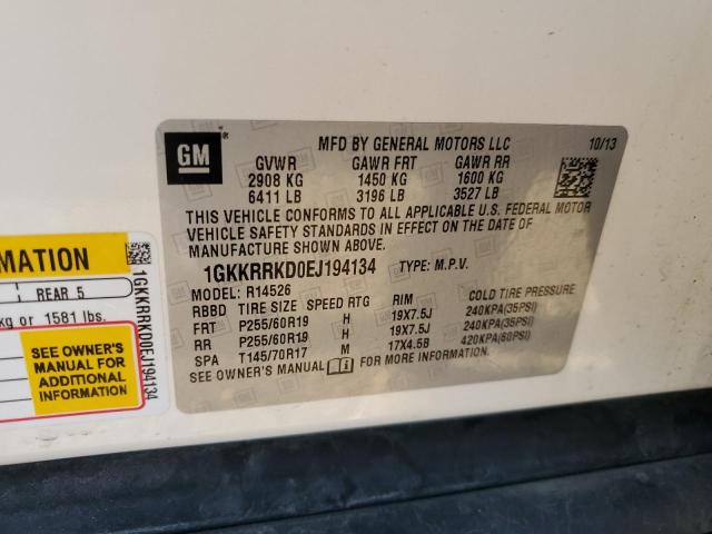 1GKKRRKD0EJ194134 - 2014 GMC ACADIA SLT-1 WHITE photo 13