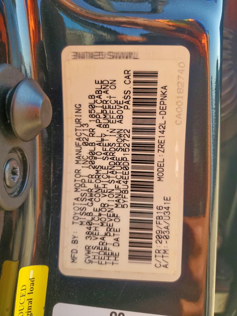 5YFBU4EE0DP152722 - 2013 TOYOTA COROLLA BASE Черный фото 13