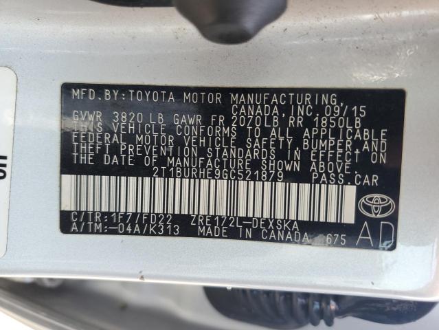 2T1BURHE9GC521879 - 2016 TOYOTA COROLLA L Күміс фото 12