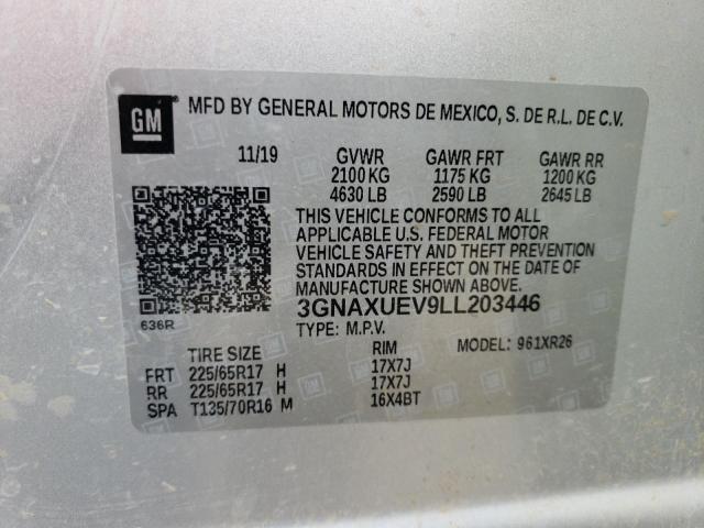 3GNAXUEV9LL203446 - 2020 CHEVROLET EQUINOX LT SILVER photo 12