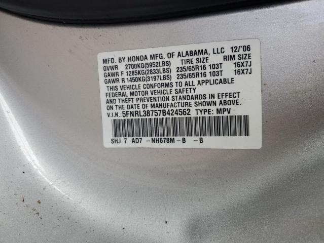 5FNRL38757B424562 - 2007 HONDA ODYSSEY EXL SILVER photo 14