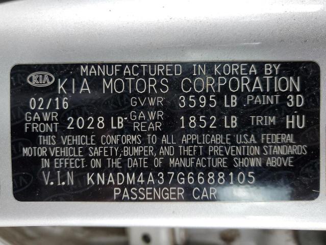 KNADM4A37G6688105 - 2016 KIA RIO LX SILVER photo 12