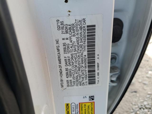 1HGCV1F16KA058214 - 2019 HONDA ACCORD LX WHITE photo 12