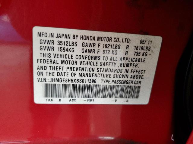 JHMGE8H5XBS011396 - 2011 HONDA FIT SPORT 红色 照片 12