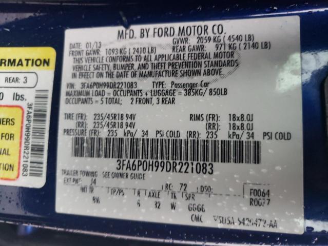 3FA6P0H99DR221083 - 2013 FORD FUSION SE BLUE photo 12