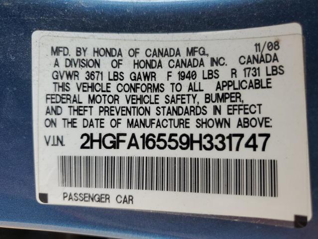 2HGFA16559H331747 - 2009 HONDA CIVIC LX BLUE photo 13