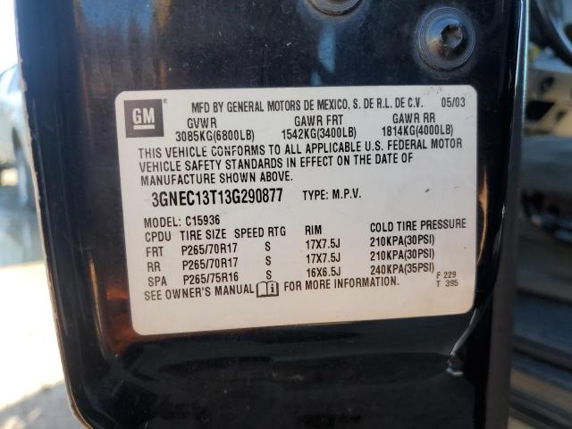 3GNEC13T13G290877 - 2003 CHEVROLET AVALANCHE C1500 BLACK photo 12