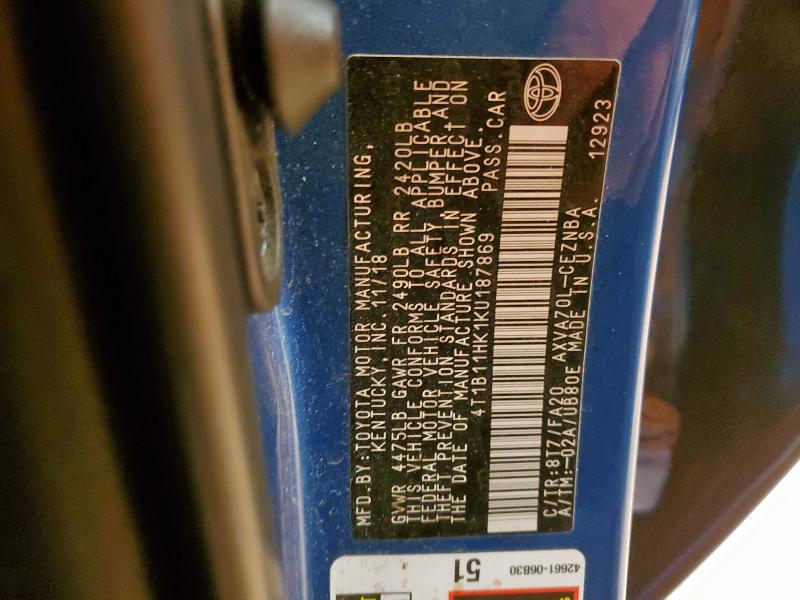 4T1B11HK1KU187869 - 2019 TOYOTA CAMRY L 蓝色 照片 12