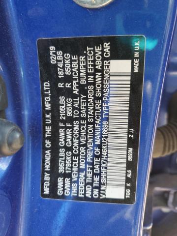 SHHFK7H46KU216698 - 2019 HONDA CIVIC SPORT ლურჯი ფოტო 12