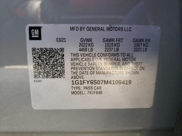 1G1FY6S07M4109419 - 2021 CHEVROLET BOLT EV LT GRAY photo 12