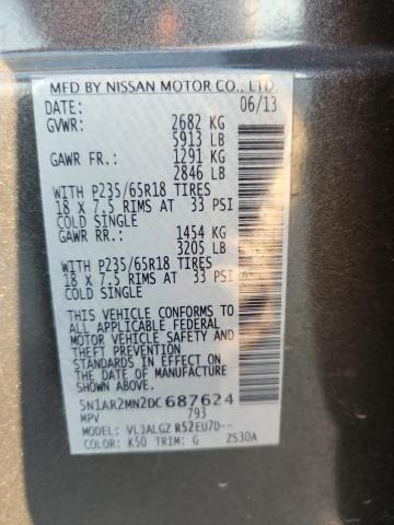 5N1AR2MN2DC687624 - 2013 NISSAN PATHFINDER S 灰色 照片 13