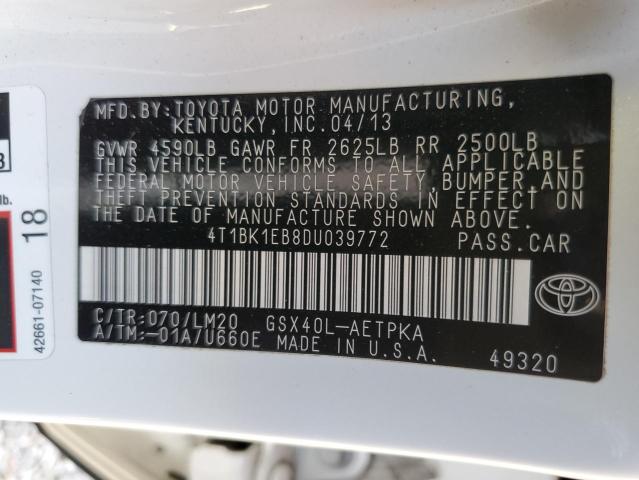 4T1BK1EB8DU039772 - 2013 TOYOTA AVALON BASE 白色 照片 12