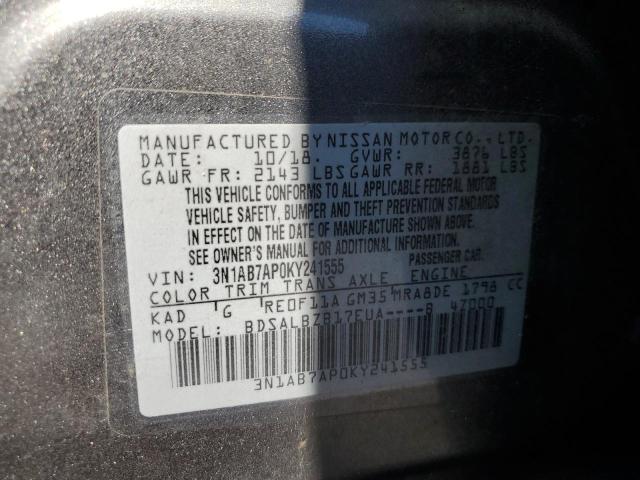 3N1AB7AP0KY241555 - 2019 NISSAN SENTRA S 灰色 照片 12