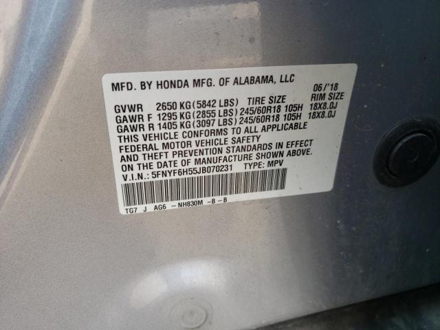 5FNYF6H55JB070231 - 2018 HONDA PILOT EXL Srebrny zdjęcie 13