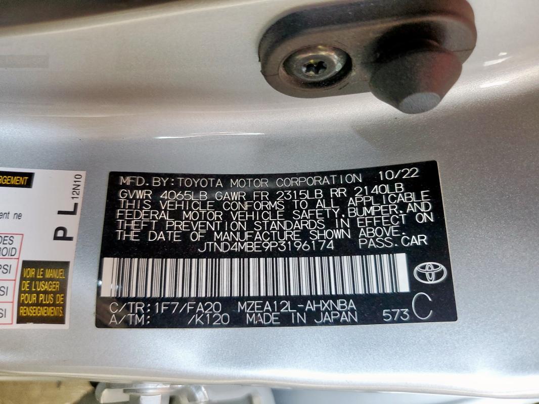 JTND4MBE9P3196174 - 2023 TOYOTA COROLLA SE SILVER photo 12