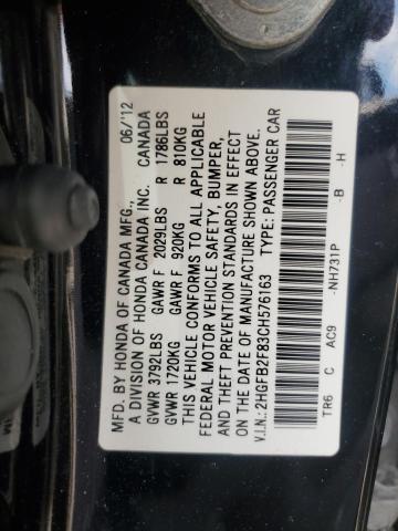 2HGFB2F83CH576163 - 2012 HONDA CIVIC EX BLACK photo 12