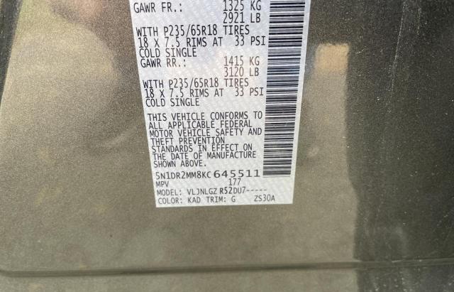 5N1DR2MM8KC645511 - 2019 NISSAN PATHFINDER S Boz foto 10