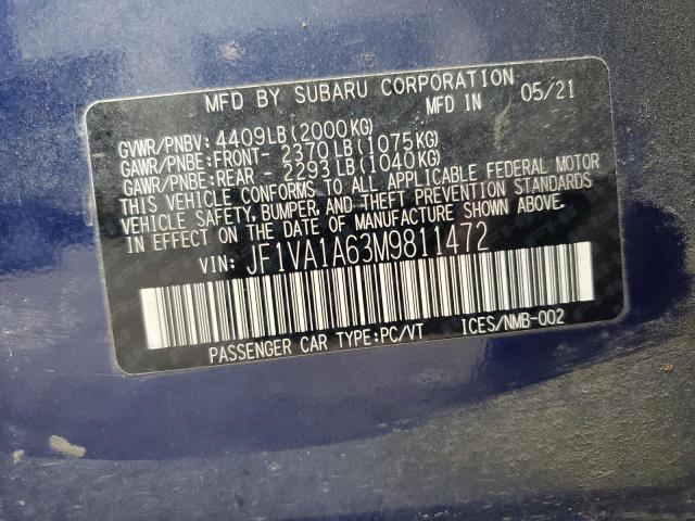 JF1VA1A63M9811472 - 2021 SUBARU WRX BLUE photo 12