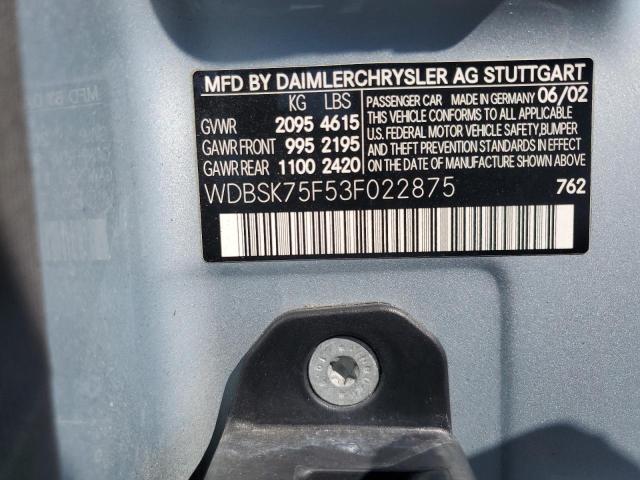 WDBSK75F53F022875 - 2003 MERCEDES-BENZ SL 500R 银色 照片 12