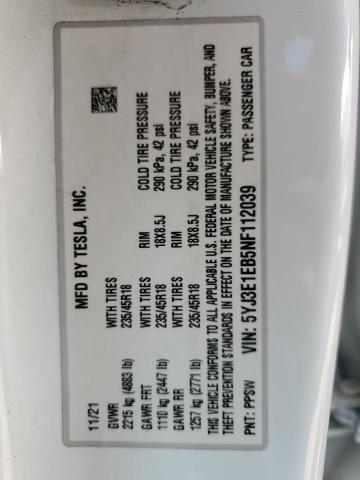 5YJ3E1EB5NF112039 - 2022 TESLA MODEL 3 Ақ фото 12