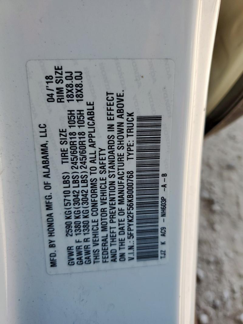 5FPYK2F56KB000768 - 2019 HONDA RIDGELINE RTL Ağ foto 13