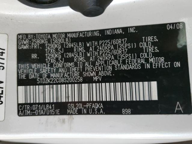 5TDZK22C08S200258 - 2008 TOYOTA SIENNA XLE Ağ foto 13