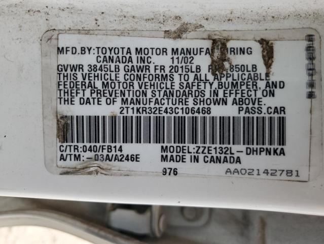 2T1KR32E43C106468 - 2003 TOYOTA COROLLA MA XR WHITE photo 12