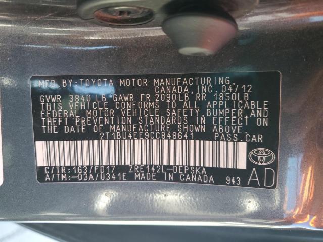 2T1BU4EE9CC848641 - 2012 TOYOTA COROLLA BASE Сұр фото 13