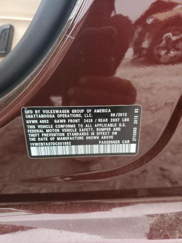 1VWCN7A37DC001552 - 2013 VOLKSWAGEN PASSAT SEL Bordeaux photo 12