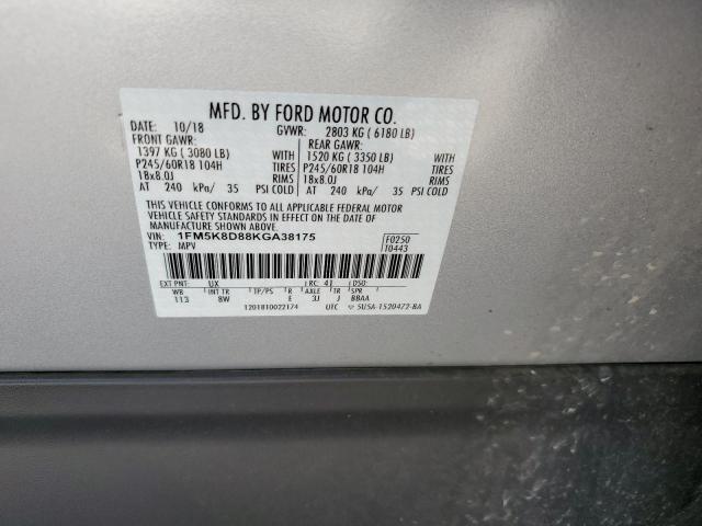 1FM5K8D88KGA38175 - 2019 FORD EXPLORER XLT Silber Foto 12