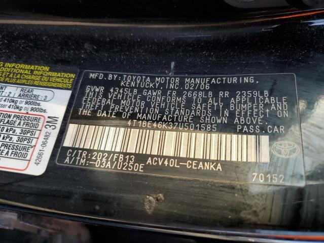 4T1BE46K37U501585 - 2007 TOYOTA CAMRY CE 黑色 照片 12