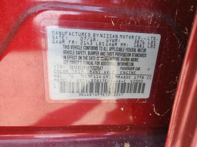 3N1AB7AP9KY203547 - 2019 NISSAN SENTRA S 红色 照片 13