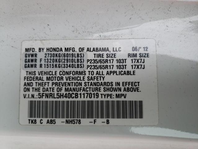 5FNRL5H40CB117019 - 2012 HONDA ODYSSEY EX WHITE photo 13