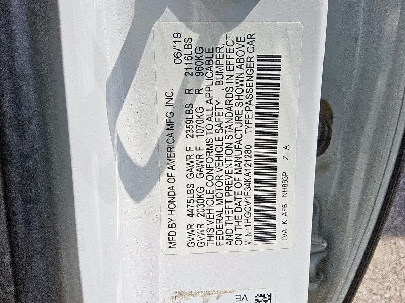 1HGCV1F34KA121280 - 2019 HONDA ACCORD SPORT Ağ foto 12