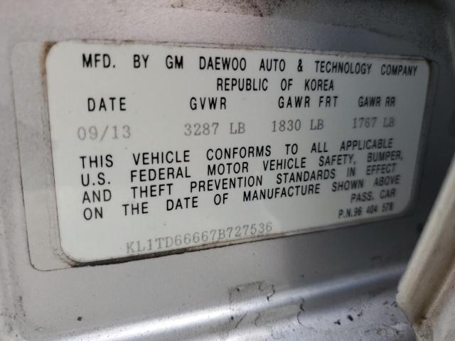 KL1TD66667B727536 - 2007 CHEVROLET AVEO BASE SILVER photo 12